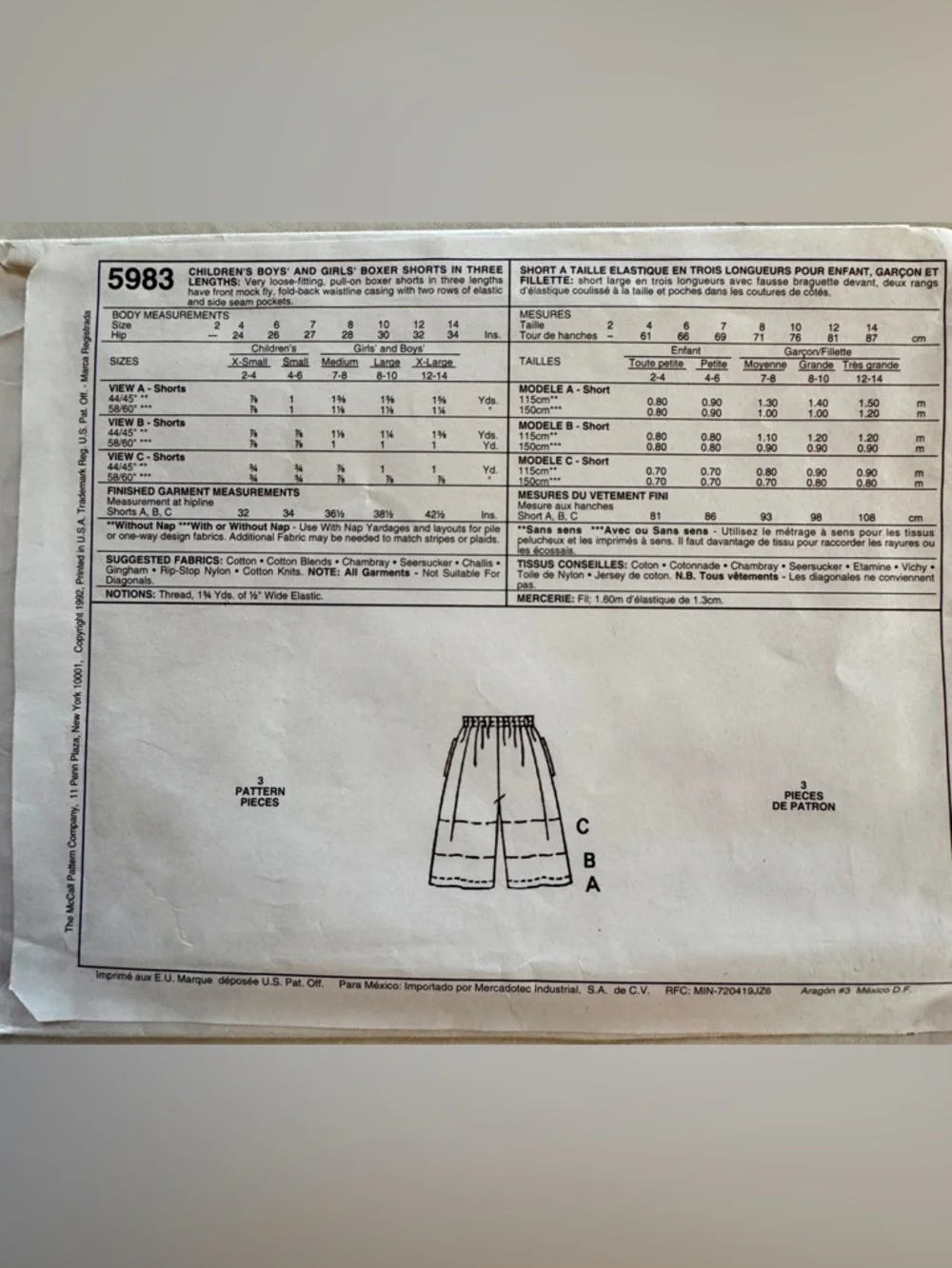 Vintage McCall's 5983 Kids' Boxer Shorts Uncut Sewing Pattern (Medium 7-8)